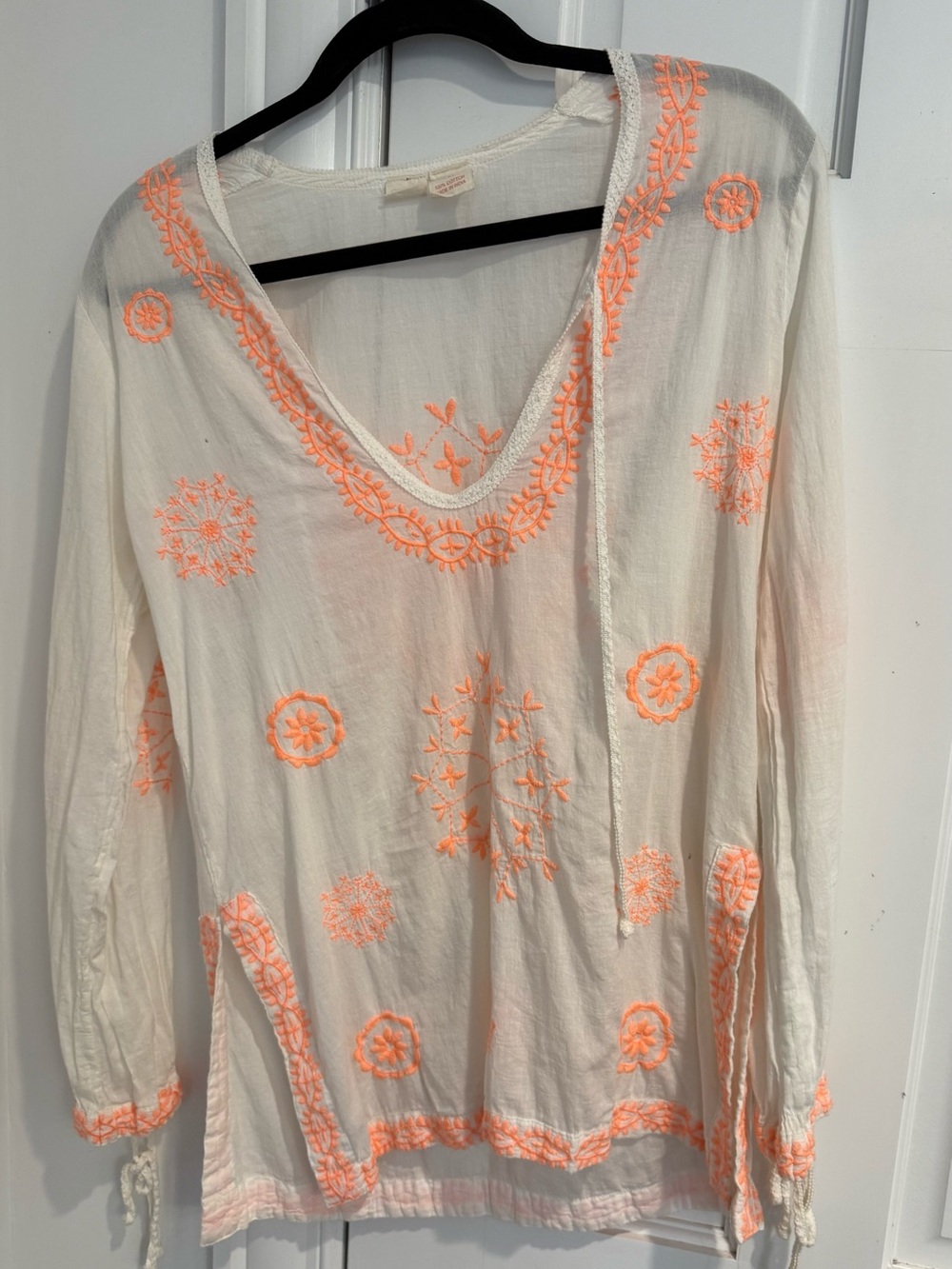 Surf Gypsy White Cotton beach cover-up Neon Orange Embroidery